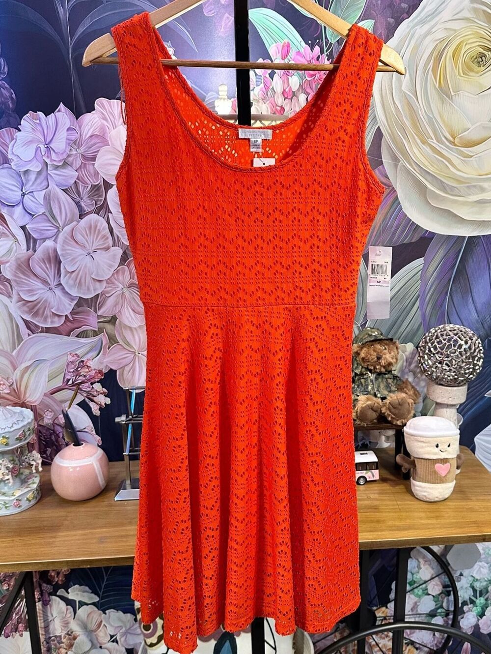 London Times Petites 6P Eyelet Lace Fit Flare Dress Romantic Summer Orange NWT